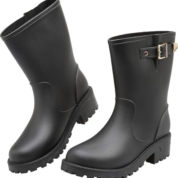 Women’s Waterproof Rubber Chelsea Rain Boots Calf High Slip On - Picture 2 of 7